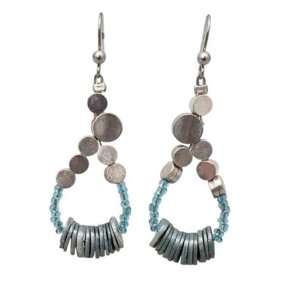 Vintage 1990s Chico’s Silver Teardrop Blue Beaded Dangle Earrings Mixed Metal - Picture 9 of 9